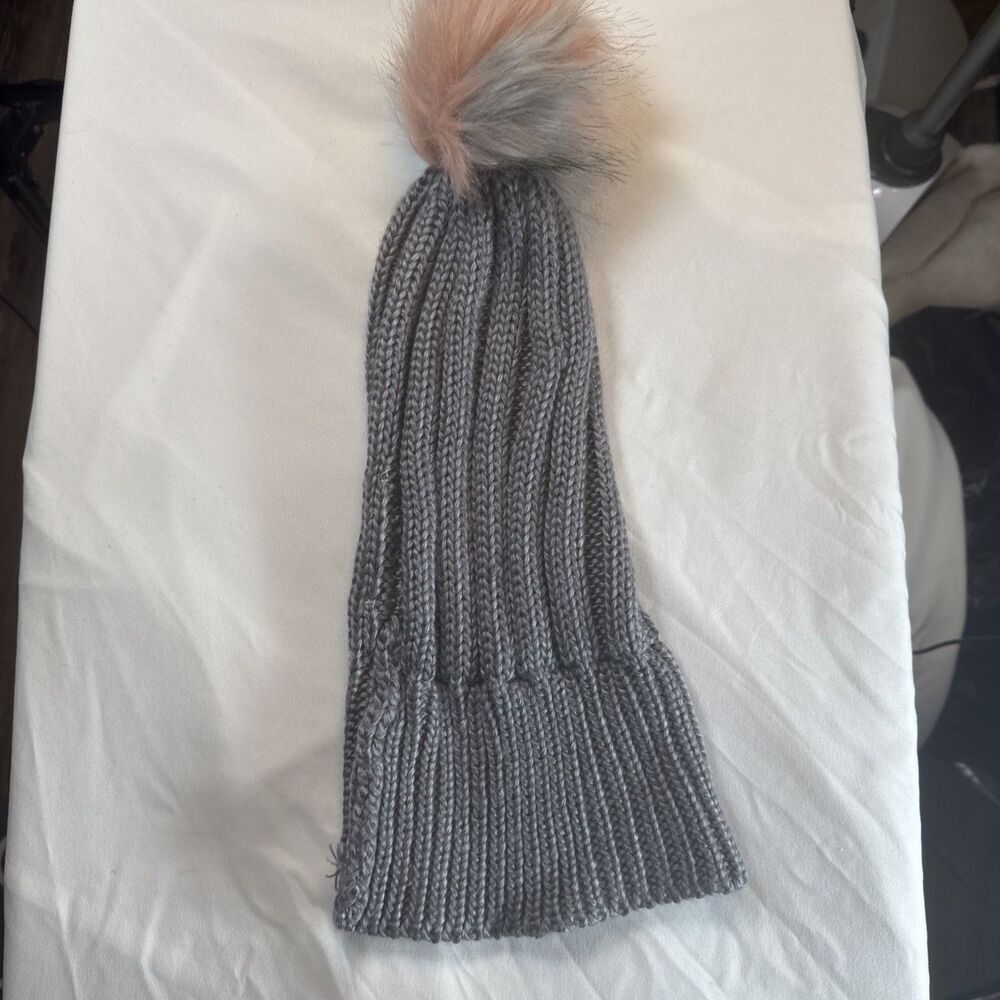 BCBGENERATION Grey Faux Fur Grey And Pink Pom Pom Beanie Hat Preowned